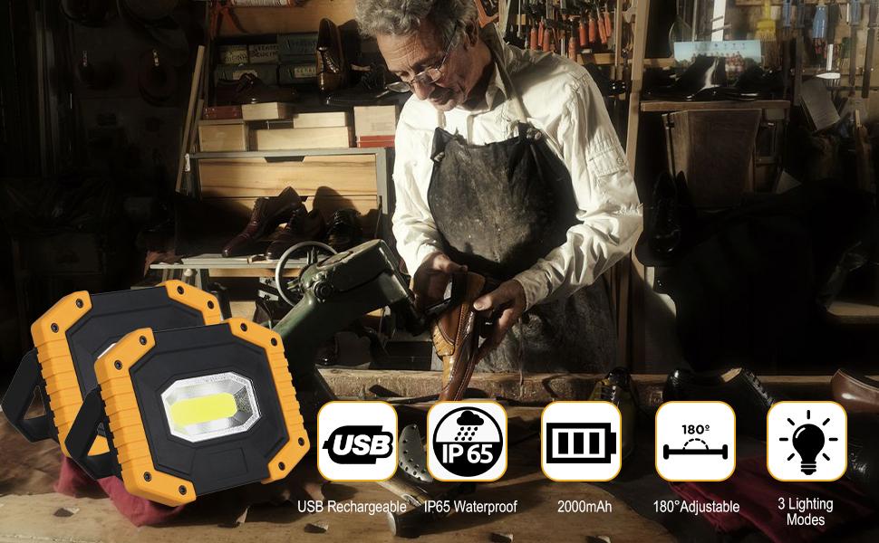 T-SUN LED Arbeitsstrahler mit klappbarem Bügel, USB-Buchse und Akkufach – Detail 2