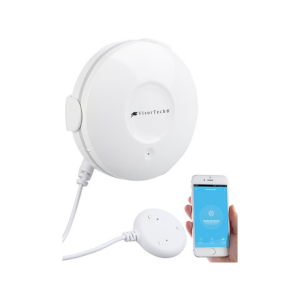 Weisser VisorTech Wassermelder XMD-105.wm mit externem Sensor am Kabel neben einer Waschmaschine – Detail 2
