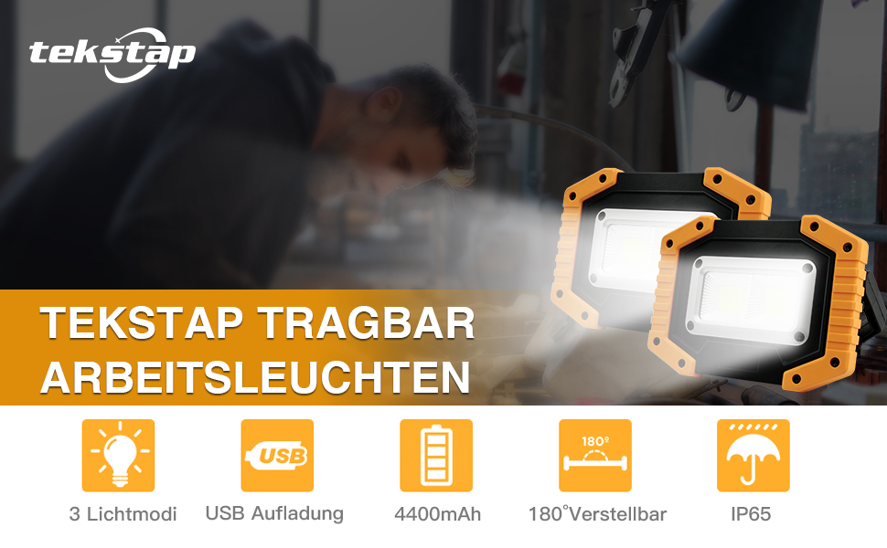 Tekstap COBWL02 Akku-Arbeitsleuchte mit ausgeklapptem Griff, Set mit zwei Leuchten – Detail 2