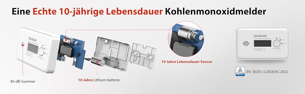 WISUALARM Kohlenmonoxid-Melder in Weiss mit LCD-Display und Testtaste – Detail 2