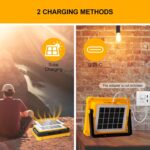 Nulmvic Akku-Baustrahler mit LED-Fläche, Solarpanel und Gelenkbügel auf dem Boden stehend