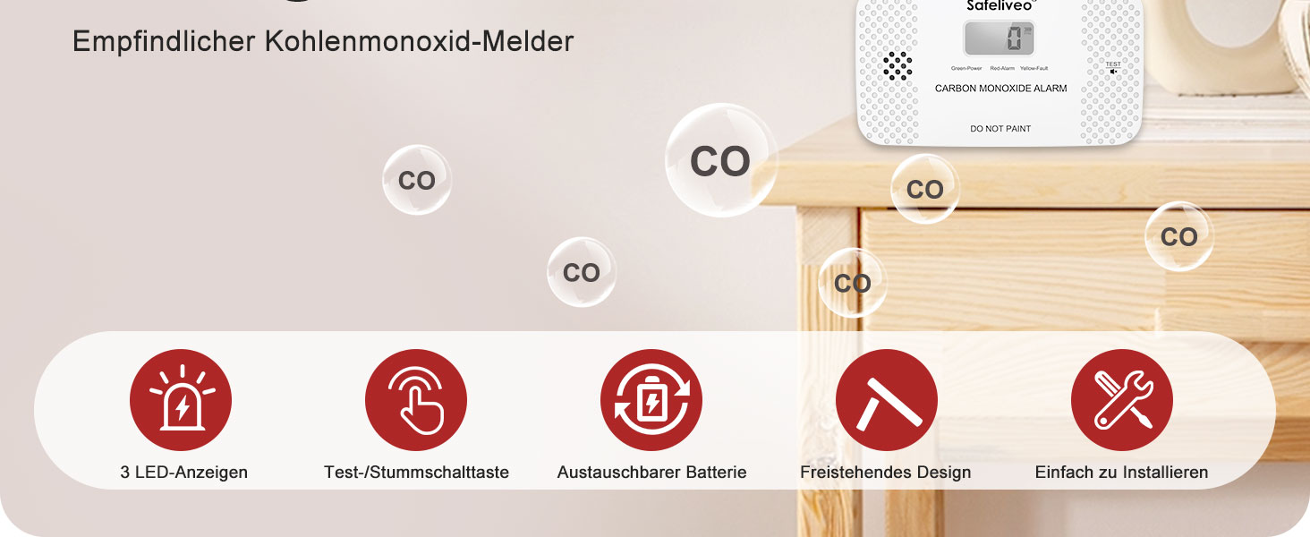 Safeliveo CO03 Kohlenmonoxidmelder in Weiss mit digitalem Display, freistehend aufgestellt – Detail 2