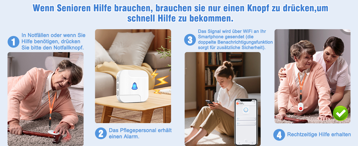 DAYTECH Notrufknopf-Set mit weissem Empfänger, Sendetaste und Handgelenkband – Detail 2