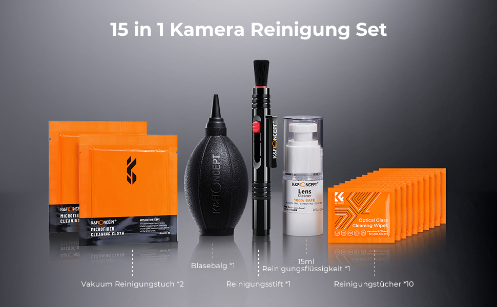 K&F Concept 15-in-1 Kamera-Reinigungsset mit Blasebalg, Reinigungsstift, Reinigungsflüssigkeit und Mikrofasertüchern – Detail 2