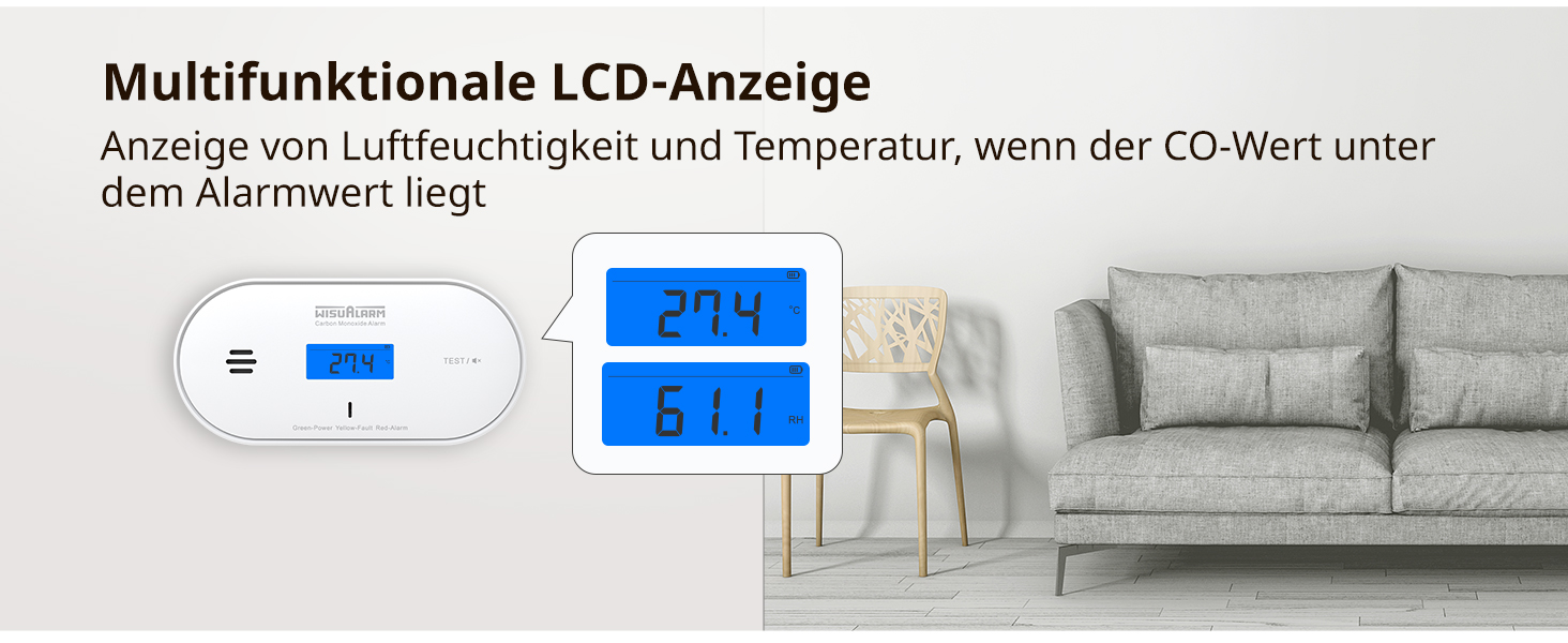 Wisualarm C06 Kohlenmonoxid-Melder mit blau hinterleuchtetem LCD, Temperatur- und Feuchteanzeige – Detail 2