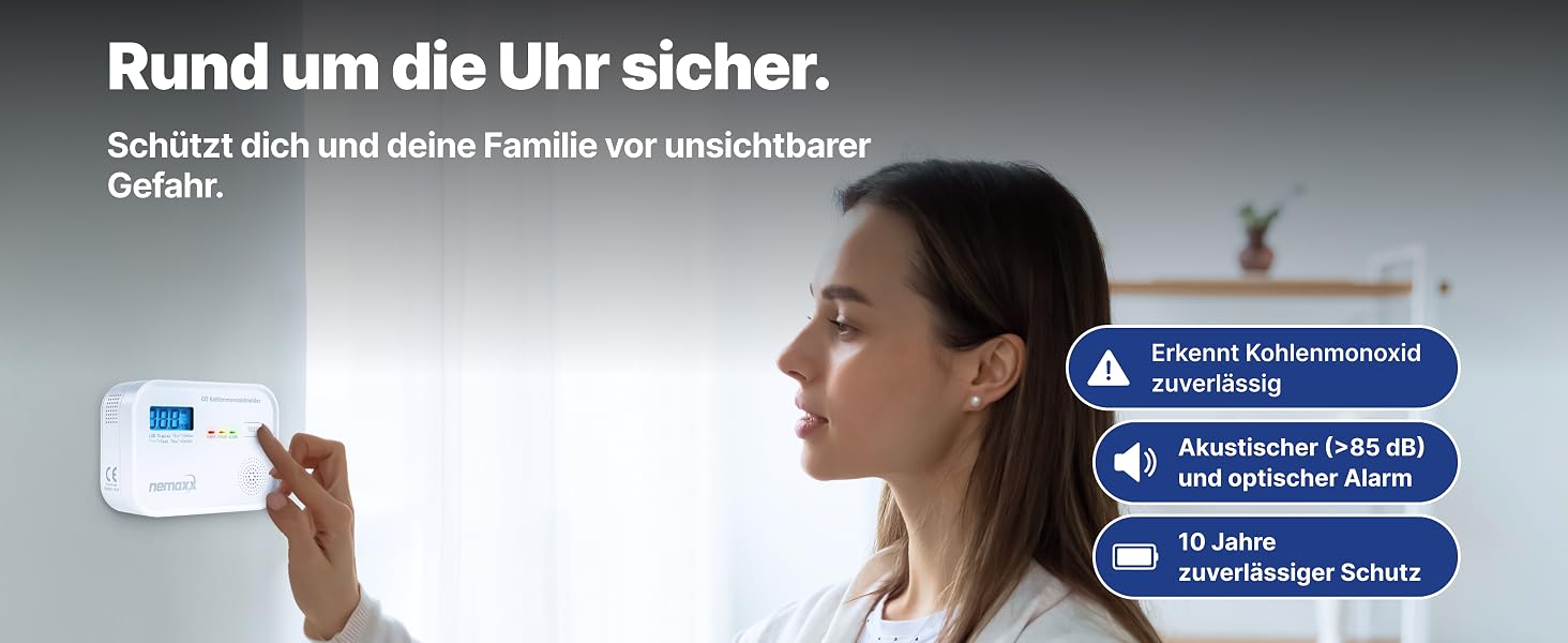 NEMAXX CM18 Kohlenmonoxid-Melder mit LCD-Display an der Wand – Detail 2
