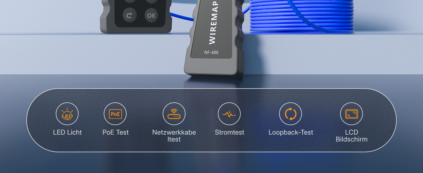 Schwarzer Netzwerk-Kabeltester Mcbazel INSP0319 mit LCD-Display, RJ45-Buchse und kleinem Gegenstück – Detail 2