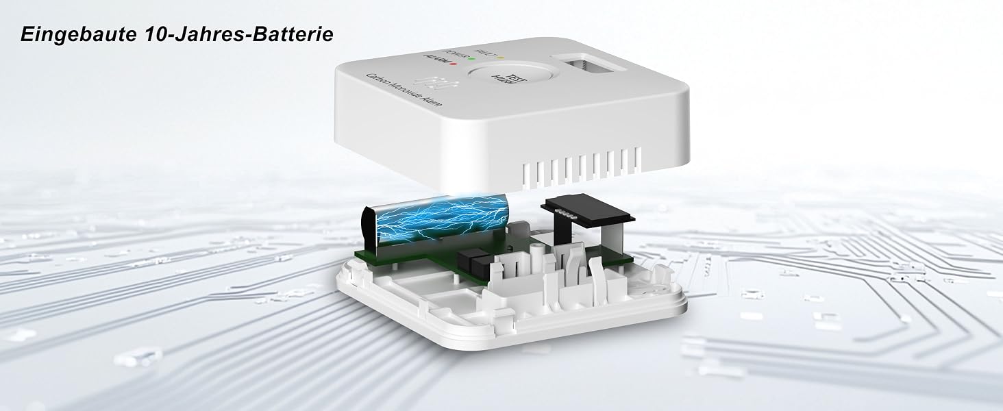 Weisser Kohlenmonoxid-Melder Ruan TCS0202A mit LCD-Display und ppm-Anzeige an einer Wand – Detail 2