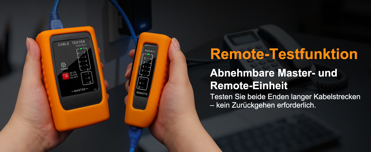 Hiija Netzwerkkabel-Tester NCT-00 mit Gummihülle und Fernmodul für RJ45 und RJ11 – Detail 2