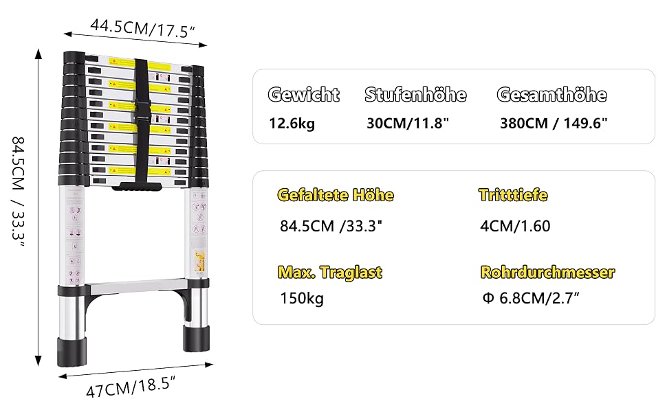 SIMPDIY Teleskopleiter aus Edelstahl, auf 3,8 Meter ausgezogen – Detail 2