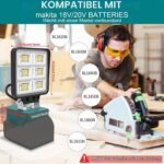 T-SUN LED-Arbeitsleuchte mit Aluminiumschirm auf einem Makita-18-V-Akku, Kopf nach oben geschwenkt