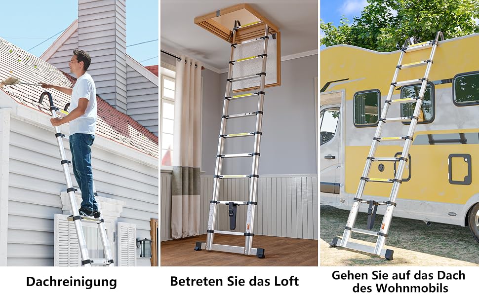 SIMPDIY Teleskopleiter 3,8 m aus Aluminium, ausgezogen mit Stabilisierungsstangen am Leiterfuss – Detail 2