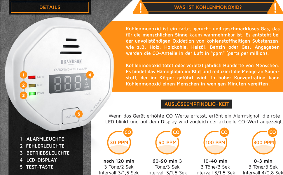 Brandson Kohlenmonoxid-Melder in Weiss mit LCD-Anzeige der CO-Konzentration – Detail 2