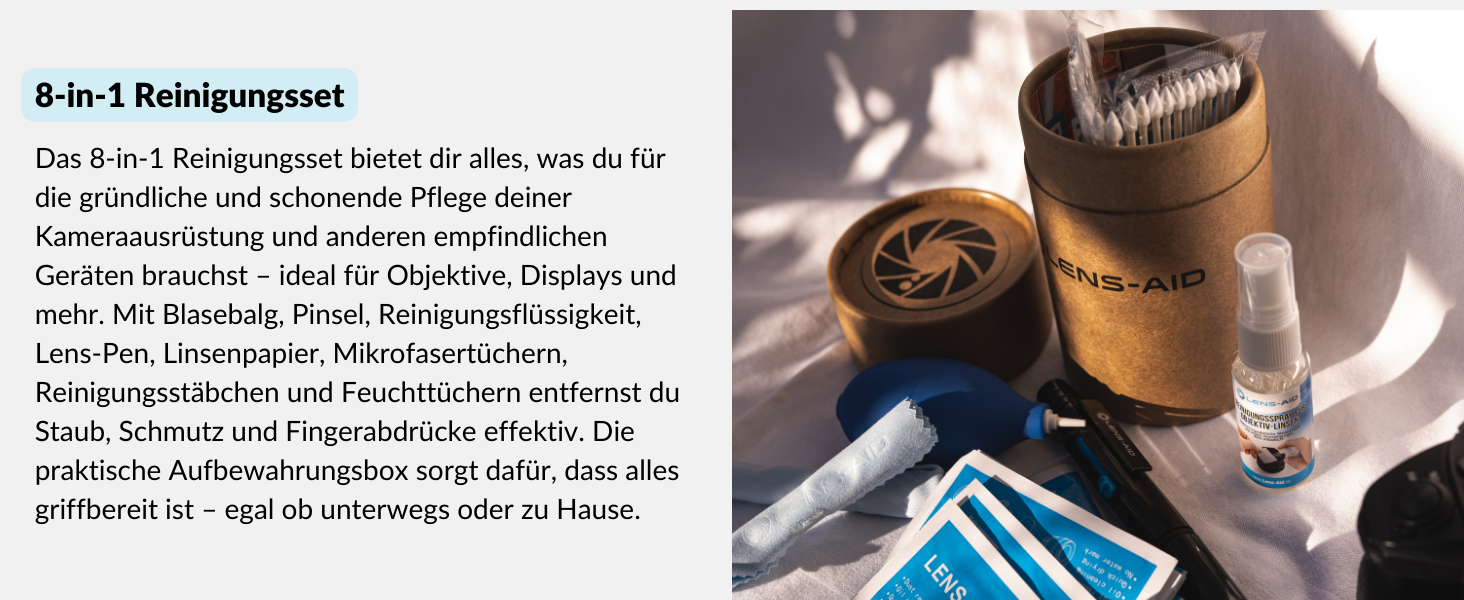 Lens-Aid 8-in-1 Kamera-Reinigungsset mit Blasebalg, Lens-Pen, Tüchern und runder Aufbewahrungsbox – Detail 2