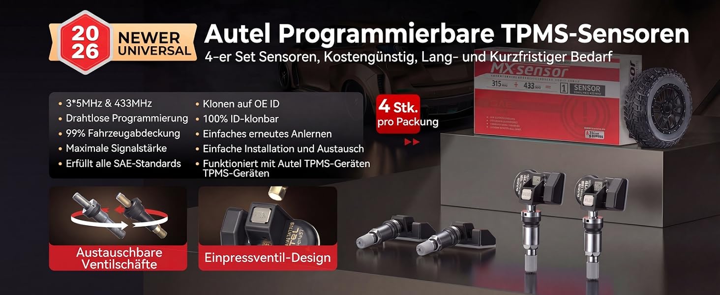 Vier Autel MX-Sensoren mit Metallventil als Ersatz-Reifendrucksensoren – Detail 2