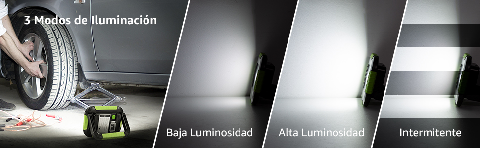 Flache LED-Arbeitsleuchte von LE mit grünen Gummikanten und rastendem Klappgriff – Detail 2