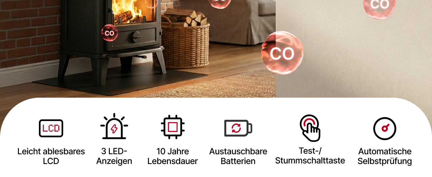 X-Sense CO03D Kohlenmonoxidmelder mit LCD-Anzeige des gemessenen CO-Werts – Detail 2