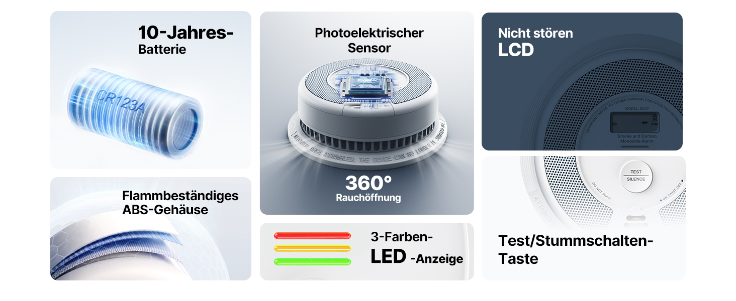 X-Sense SC07 Rauch- und Kohlenmonoxidmelder mit LCD-Anzeige, Frontansicht – Detail 3