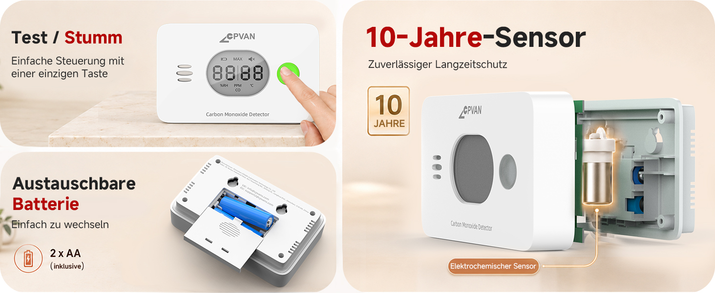 CPVAN COS-X3 plus Kohlenmonoxidmelder mit Anzeige von CO-Wert, Temperatur und Luftfeuchte – Detail 3