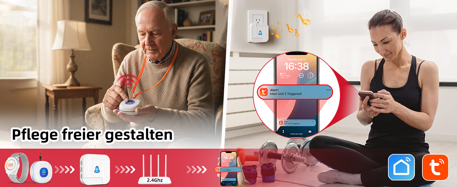 CallToU Notrufknopf-Set in Weiss mit Empfänger und zwei tragbaren Sendern – Detail 3