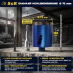 S&R Diamant-Bohrkrone 72 mm mit SDS-plus-Adapter, Zentrierbohrer und Austrieb-Keil