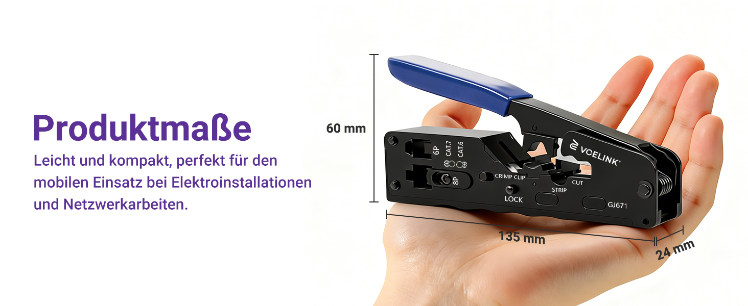VCELINK Crimpzange für RJ45 mit Cat-7-Steckern, Knickschutztüllen und Einfädelhilfen – Detail 3