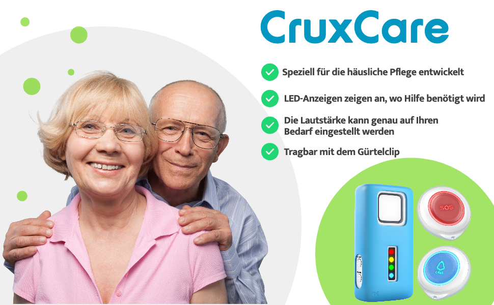 CruxCare C1 Pager mit roter und blauer Ruftaste am Halsband für den Notruf im Haus – Detail 3