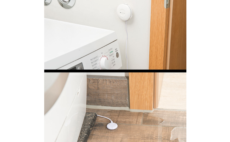 Weisser VisorTech Wassermelder XMD-105.wm mit externem Sensor am Kabel neben einer Waschmaschine – Detail 3