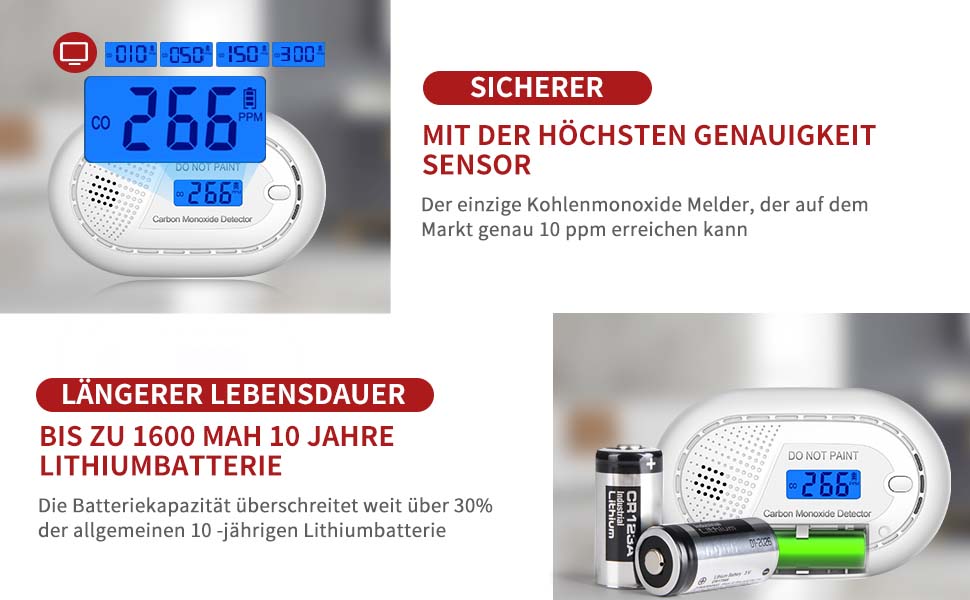 RUNIDUR CO11 Kohlenmonoxidmelder in Weiss mit LCD-Anzeige und Testtaste – Detail 3