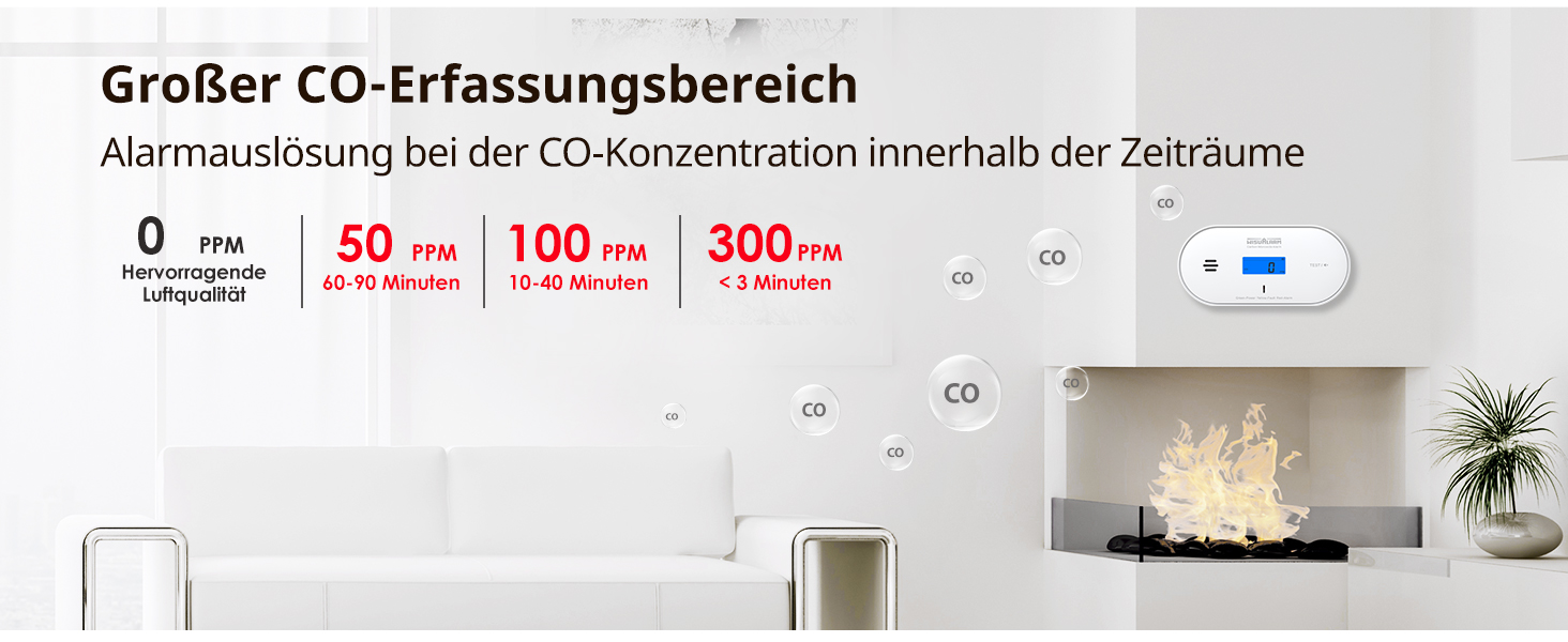 Wisualarm C06 Kohlenmonoxid-Melder mit blau hinterleuchtetem LCD, Temperatur- und Feuchteanzeige – Detail 3