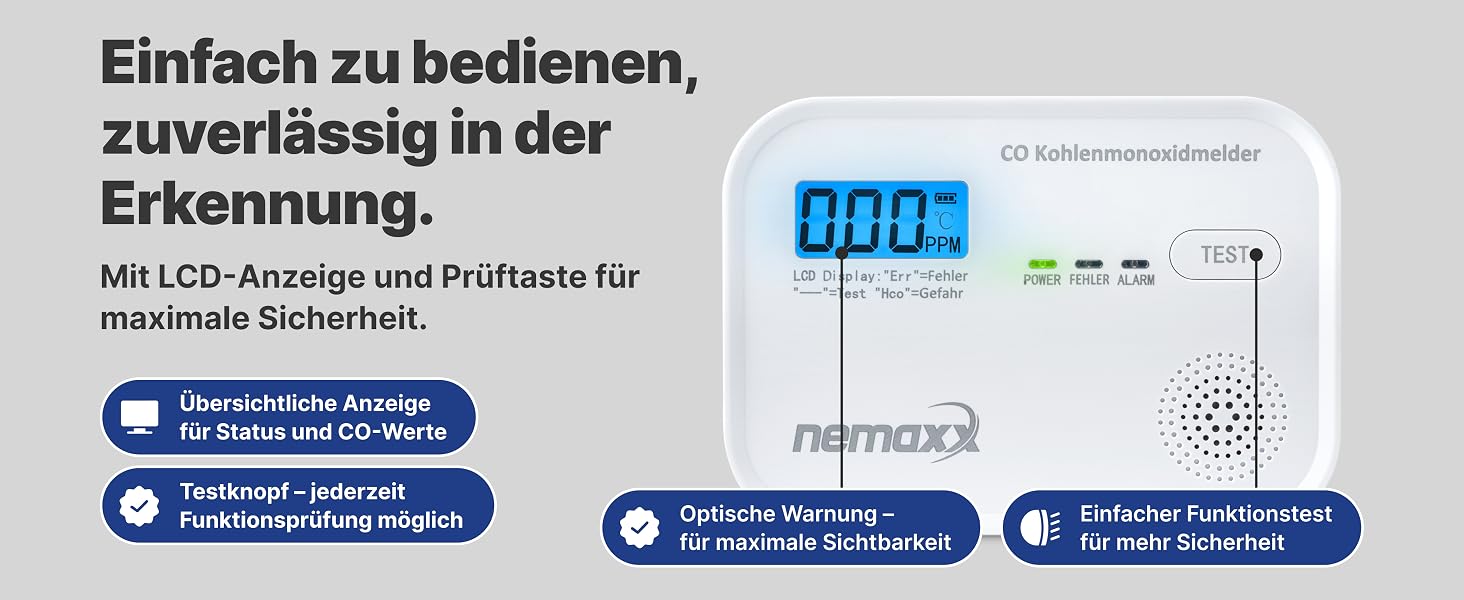 NEMAXX CM18 Kohlenmonoxid-Melder mit LCD-Display an der Wand – Detail 3