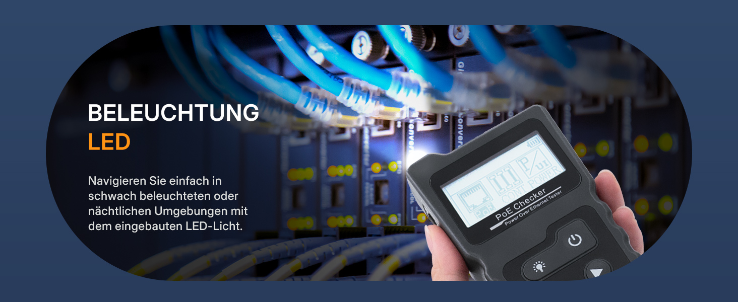 Schwarzer Netzwerk-Kabeltester Mcbazel INSP0319 mit LCD-Display, RJ45-Buchse und kleinem Gegenstück – Detail 3