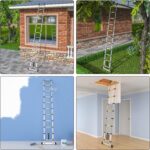 Ausgezogene Aluminium-Teleskopleiter mit Stabilisatorstange und Einhängehaken