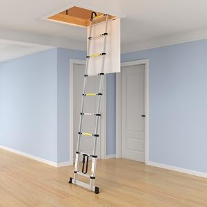 Ausgezogene Aluminium-Teleskopleiter mit Stabilisatorstange und Einhängehaken – Detail 3
