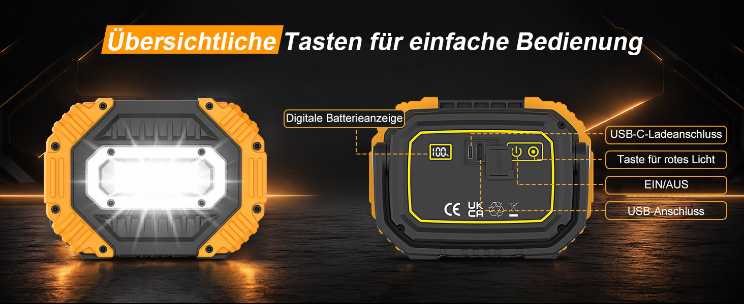 Zwei gelbe Darbony LED-Akkustrahler mit 30 Watt, Display und verstellbarem Griff – Detail 3