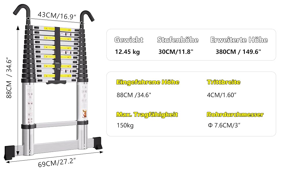 SIMPDIY Teleskopleiter 3,8 m aus Aluminium, ausgezogen mit Stabilisierungsstangen am Leiterfuss – Detail 3