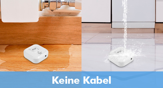 KERUI Wassermelder JYXSJF1 im 2er-Set, weisses Gehäuse mit angestecktem Wasserstandskabel – Detail 3