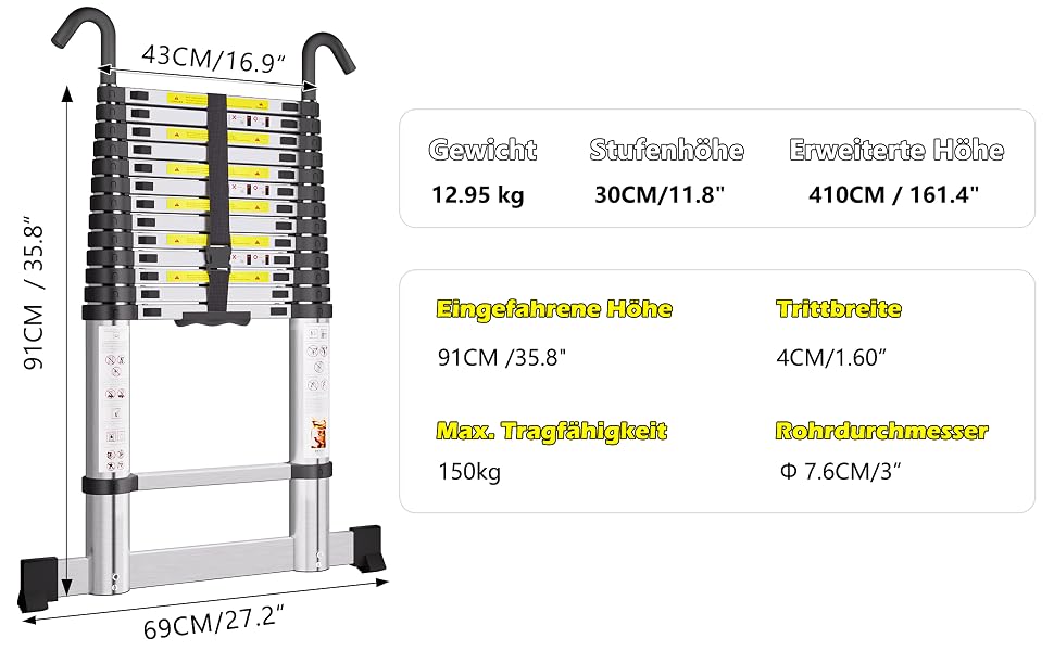 SIMPDIY Teleskopleiter 4,1 m aus Aluminium mit 14 Sprossen und zwei drehbaren Haken – Detail 3