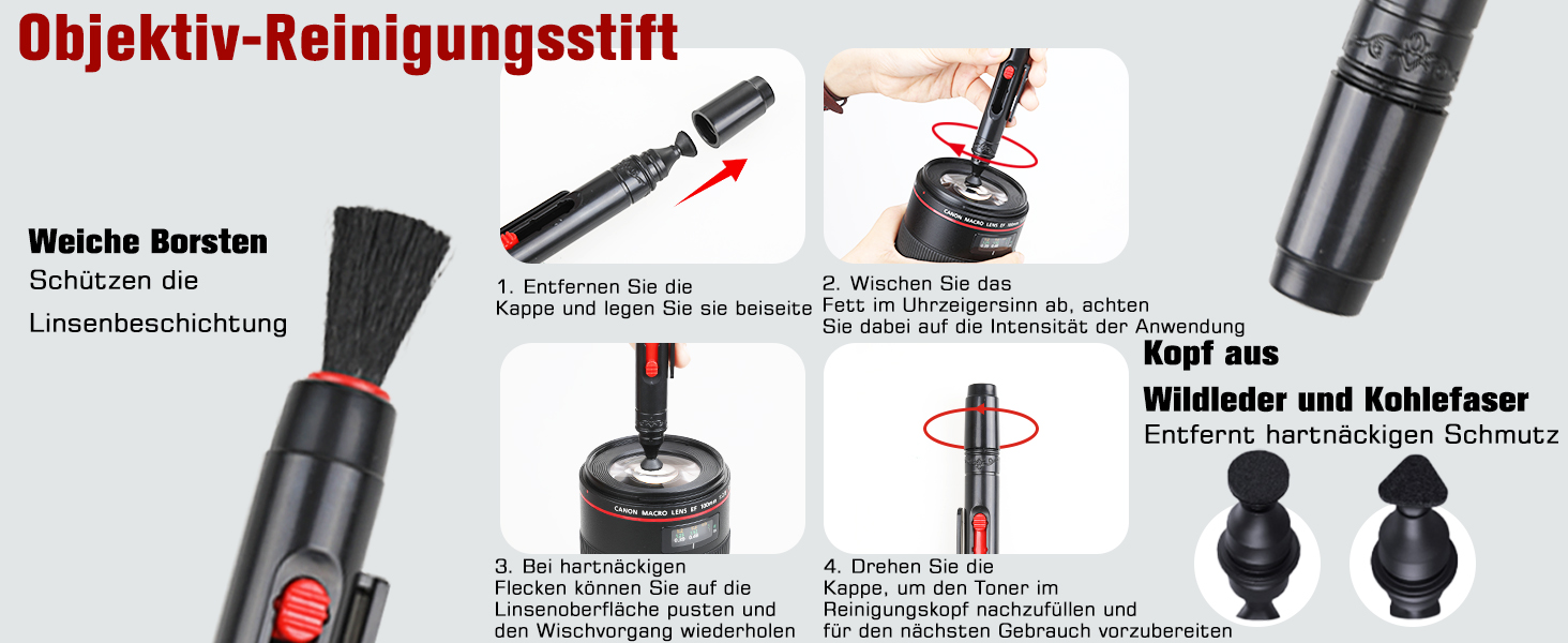 Zacro Reinigungsset für Kameras mit Blasebalg, Linsenstift, Pinseln, Tüchern und Box – Detail 3