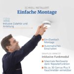 Zwei weisse Hekatron Genius Plus Rauchwarnmelder mit Klebepad und Montageset