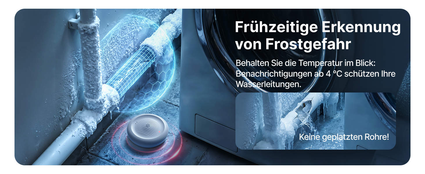 Drei X-Sense SWS0B WLAN-Wassermelder in Weiss, flach am Boden neben einer Waschmaschine – Detail 4