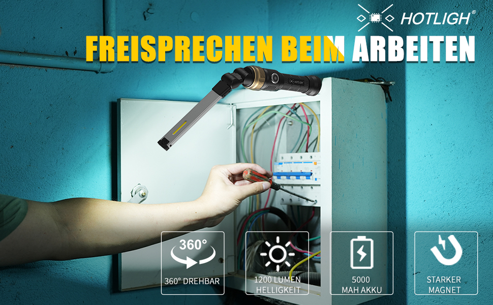 HOTLIGH ZF7549 Akku-Werkstattlampe aus Aluminium mit ausgeklapptem Leuchtkopf und Magnetfuss – Detail 4