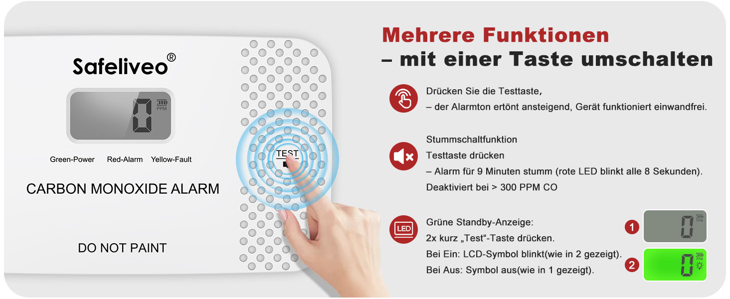 Safeliveo CO03 Kohlenmonoxidmelder in Weiss mit digitalem Display, freistehend aufgestellt – Detail 4
