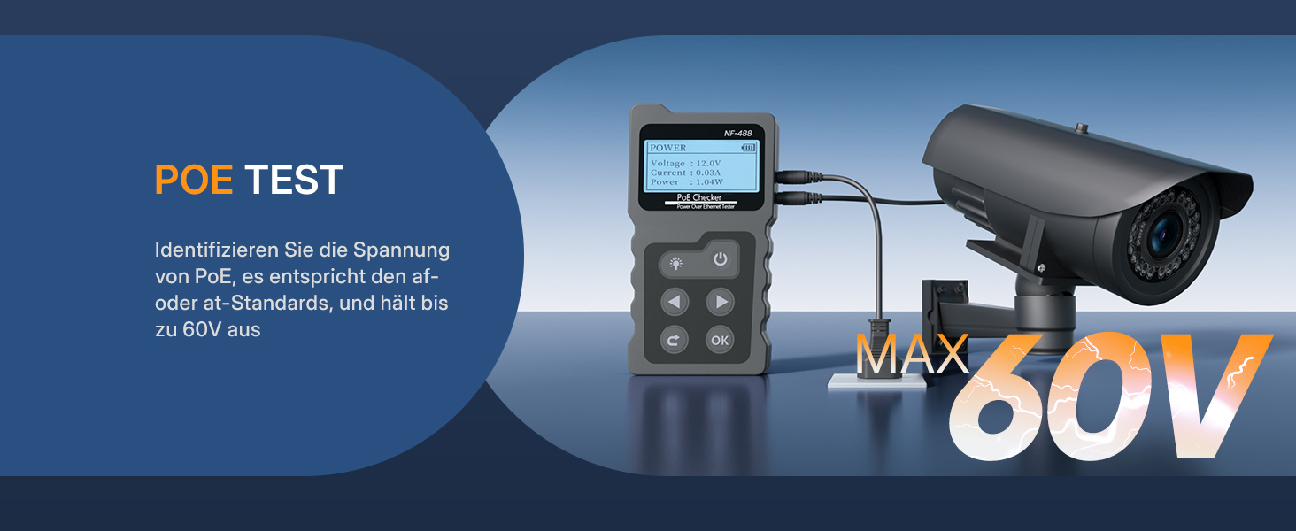 Schwarzer Netzwerk-Kabeltester Mcbazel INSP0319 mit LCD-Display, RJ45-Buchse und kleinem Gegenstück – Detail 4