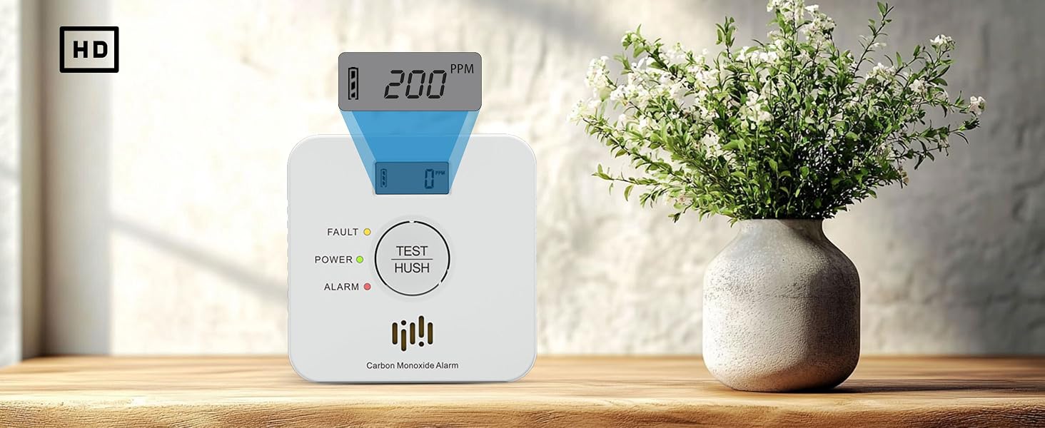 Weisser Kohlenmonoxid-Melder Ruan TCS0202A mit LCD-Display und ppm-Anzeige an einer Wand – Detail 4
