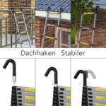 Ausgezogene Aluminium-Teleskopleiter mit Stabilisatorstange und Einhängehaken