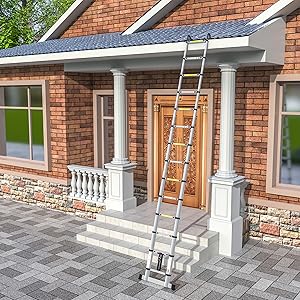 Ausgezogene Aluminium-Teleskopleiter mit Stabilisatorstange und Einhängehaken – Detail 4