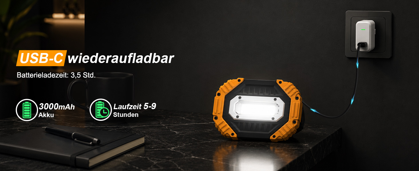 Zwei gelbe Darbony LED-Akkustrahler mit 30 Watt, Display und verstellbarem Griff – Detail 4