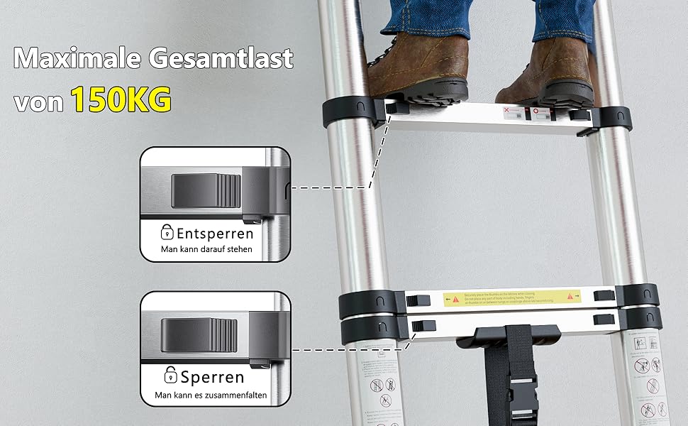 SIMPDIY Teleskopleiter aus Edelstahl, auf 3,8 Meter ausgezogen – Detail 4