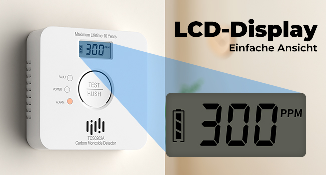 LIORQUE Kohlenmonoxid-Melder TCS0202A in Weiss mit LCD-Anzeige des CO-Werts an der Wand – Detail 4